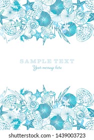 Elegant white and blue vector seahorse, starfish and seashell card or brochure template with shiny bokeh effect. EPS10 file with transparency mode.