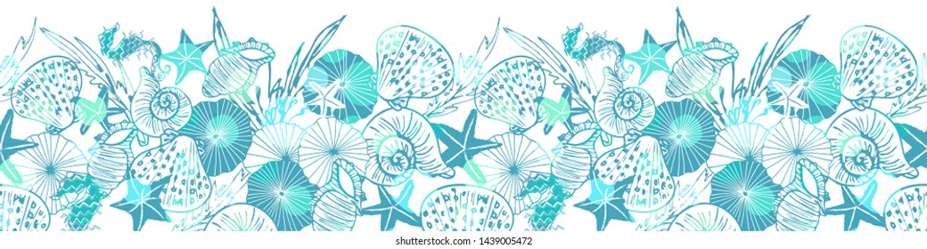 Elegant White And Blue Vector Seahorse, Starfish And Seashell Horizontal Border With Shiny Bokeh Effect. EPS10 File With Transparency Mode.
