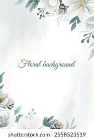 Elegant white and blue winter floral background with delicate flowers and leaves, perfect for seasonal designs, invitations, and holiday decorations.
