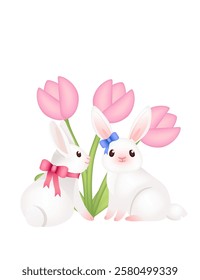 Elegant white bunnies surrounded by pink tulips. Funny positive bunny with long ears. Cute and playful rabbit. 3d cartoon animal design. Vector illustration isolated on white background