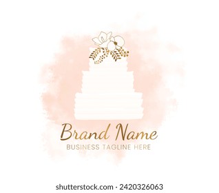 Elegant White Cake Bakery Logo in Luxury Wedding Style on Light Peach Pink Watercolor Background