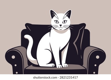 Elegant white cat sitting upright and looking forward while perched on a cozy dark armchair against a neutral background.