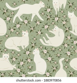 Elegant white cats on delicate green color background. Seamless vector pattern for fabric, wallpaper, wrapping paper, scrapbook paper, post card, invitation. Square design.