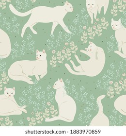 Elegant white cats on delicate sage green color background. Seamless vector pattern for fabric, wallpaper, wrapping paper, scrapbook paper, post card, invitation. Square design.