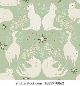 Elegant white cats on delicate sage green color background. Seamless vector pattern for fabric, wallpaper, wrapping paper, scrapbook paper, post card, invitation. Square design.