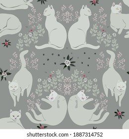 Elegant white cats on delicate grey color background. Seamless vector pattern for fabric, wallpaper, wrapping paper, scrapbook paper, post card, invitation. Square design.