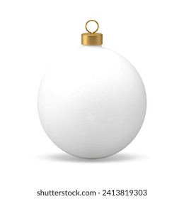 Elegant white Christmas ball toy with golden loop for hanging on spruce 3d icon realistic vector illustration. Cute expensive Xmas sphere bauble festive decoration winter holiday celebration
