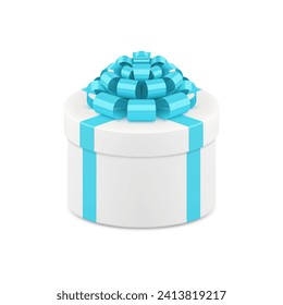 Elegant white circle gift box with luxury blue bow ribbon festive present pack 3d icon realistic vector illustration. Romantic premium package for holiday surprise birthday anniversary congratulations