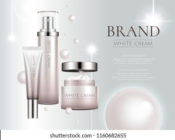 Elegant white cream product set with floating pearls and light meteor element in 3d illustration