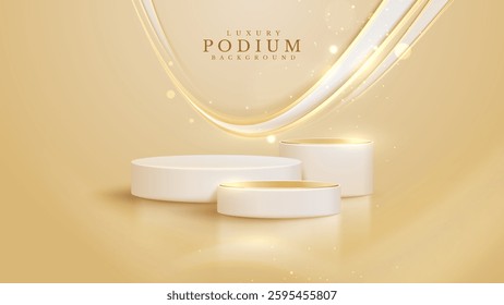 Elegant white empty podium for displaying products with sparkling golden curve elements decorated with glowing effect and bokeh.