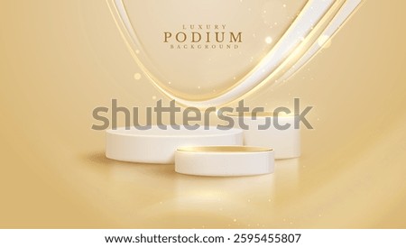 Elegant white empty podium for displaying products with sparkling golden curve elements decorated with glowing effect and bokeh.