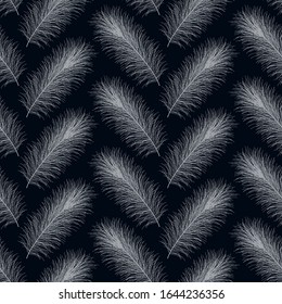 Elegant white feathers on a dark blue background. Seamless vector illustration.  Black and white texture for wrapping paper, wallpaper, textile, scrapbooking, print etc. Creative feathers background.