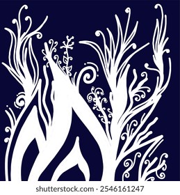 Elegant white floral elements with intricate swirls and branches on a dark blue background, creating a delicate and artistic composition.