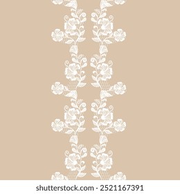 Elegant White Floral Lace Pattern on Beige Background with Delicate Details