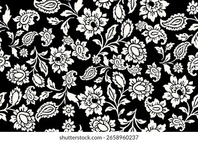 Elegant white floral pattern on black background—perfect for modern textiles, wallpapers, and stylish decorative designs that blend timeless charm.