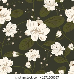 Elegant white floral seamless pattern on dark background.