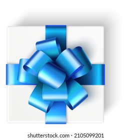 Elegant white gift box with blue ribbon. Top view