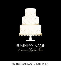 Elegant White Gold Cake Bakery Logo on Black Background