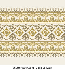 Elegant white and gold damask pattern with ornamental borders, perfect for fabric, wallpaper, and luxury decorative projects.