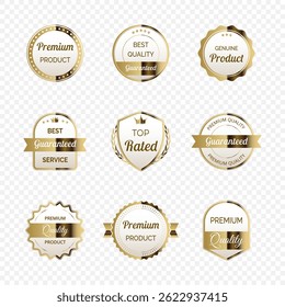 Elegant white and gold label set with luxury design. Ideal for best quality tags, award emblems and certified seals for top rated products. Premium vector badges for branding and packaging.