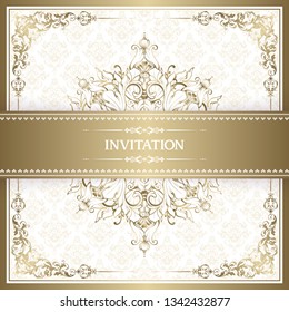 Elegant white and gold ornate vector background. Vintage template with pattern and ornate frame for wedding invitation, greeting card, certificate.