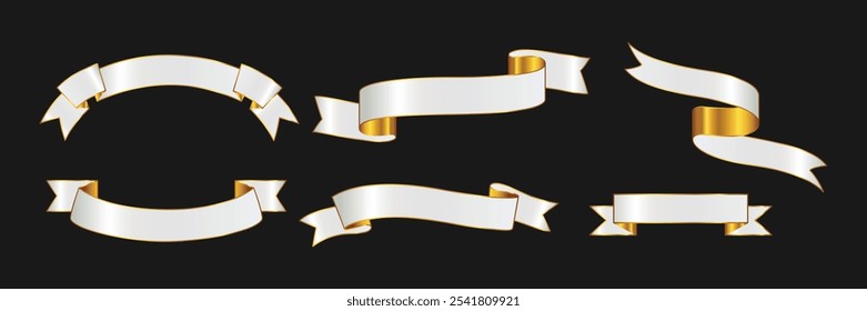 Elegant White and Gold Ribbon Banner Vector Set for Luxury Branding and Decorative Design Perfect for Invitations and Promotional Graphics

