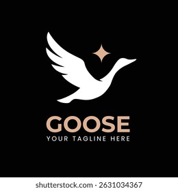 Logotipo de ganso branco elegante no fundo preto com um sotaque de estrela dourada suave. Minimalista, elegante e versátil para marcas, moda, bem-estar ou indústrias criativas.