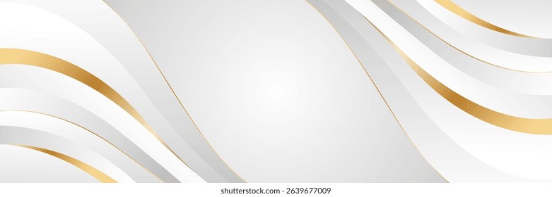 Elegant white and gray luxury wave background with gold accents. Abstract modern banner design for websites, headers, sale templates, business ads, awards, events, and more