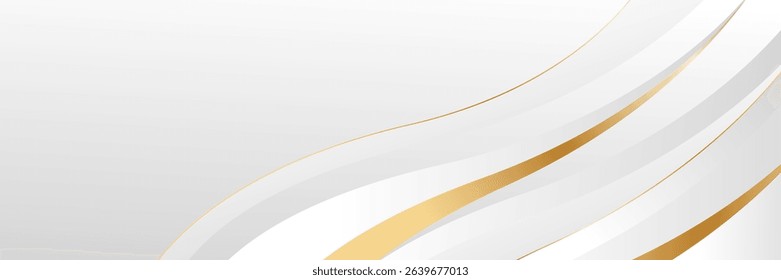 Elegant white and gray luxury wave background with gold accents. Abstract modern banner design for websites, headers, sale templates, business ads, awards, events, and more