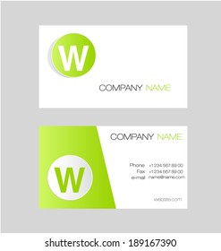 Elegant white and green business card letter W two sides vector illustration