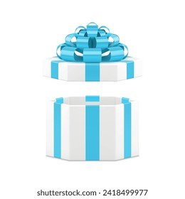 Elegante caja hexagonal blanca de regalo abierta con cinta azul de lujoso icono 3d ilustración vectorial realista. Paquete de moda envuelto regalo de regalo premio regalo de bienvenida festivo contenedor de celebración
