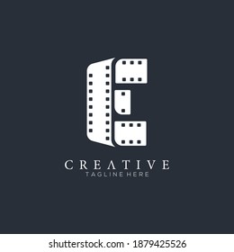Elegant white letter E logo for strip film vector illustration and black background