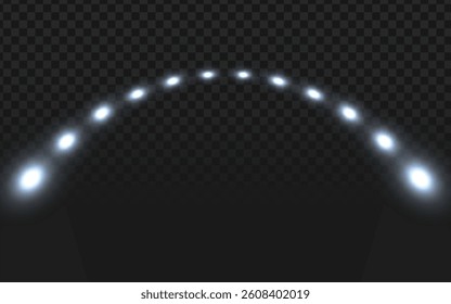 Elegant white light arc vector with glowing dots on dark checkered background. Perfect for tech designs, futuristic concepts, and modern digital artwork. Clean 3D light trail effect.