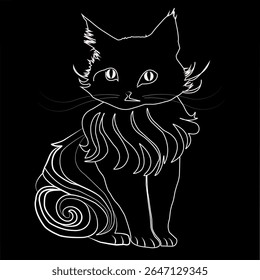 Ilustração elegante do gato da arte da linha branca no fundo preto, desenho minimalista do felino para o projeto do animal de estimação, arte da tatuagem, impressão da t-shirt, decoração do cartaz, logotipo do animal, projetos digitais e impressão
