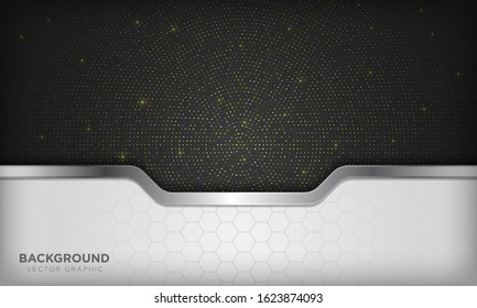 Elegant white line silver element on black color background with sparkle and hexagon texture. Realistic tech luxury paper cut style 3d modern corporate design concept template.