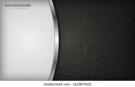 Elegant white line silver element on black color background with sparkle and hexagon texture. Realistic tech luxury paper cut style 3d modern corporate design concept template.