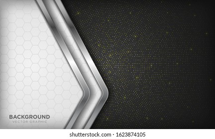 Elegant white line silver element on black color background with sparkle and hexagon texture. Realistic tech luxury paper cut style 3d modern corporate design concept template.