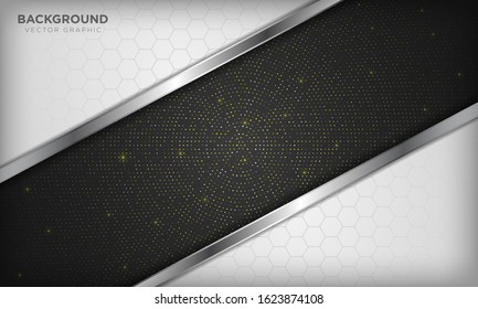 Elegant white line silver element on black color background with sparkle and hexagon texture. Realistic tech luxury paper cut style 3d modern corporate design concept template.
