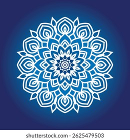 Elegant white mandala on blue background, complex circular artwork