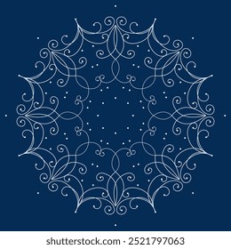 Elegant white mandala on dark blue background. Christmas lacy snowflake. Winter design element of curved lines. Ornate elegance ornament.. Frost pattern on the window. Lacy classic vintage design.