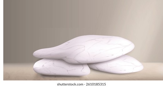 Elegant white marble stones vector with realistic 3D texture on beige background. Perfect for spa themes, zen decor, and natural product displays. Minimalist stacked pebble design for holistic