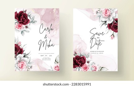 elegant white and maroon rose floral frame watercolor invitation card template