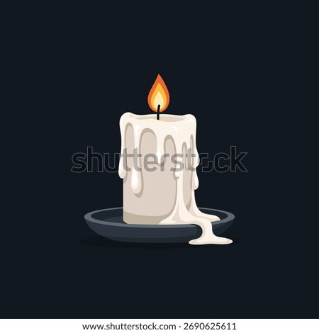 Elegant White Melting Candle with a Warm Glowing Burning Flame and Dripping Wax on a Dark Background, Creating Serene Atmosphere
