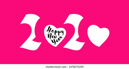 Elegant white numbers 2020 in shape of heart and Happy New Year greetings on pink background. Romantic vector illustration for greeting card, holiday calendar, book or brochure