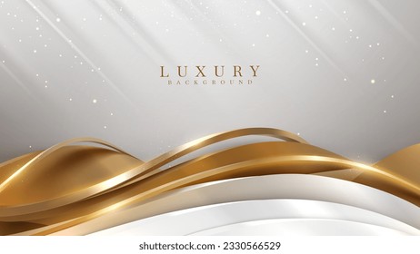 Elegant white overlay brown poster with golden curves elements with glow effect decoration. Realistic luxury style 3d modern art concept. vector illustration for design.