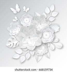 Elegant white paper cut flowers 3d bridal arrangement with  monstera leaf and butterfly handcraft realistic vector illustration 