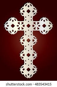 Elegant white paper lace style Christian cross on red background. Color vector illustration