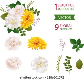 Elegant white peonies and roses, yellow chrysanthemum and their leaves, and mix of seasonal plants and herbs big vector collection. Flowers background for save the date. All elements are isolated, 