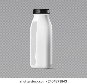 Elegant white plastic bottle with black lid for milk-based products. Isolated vector image, front view with space for custom branding design. Vector illustration.