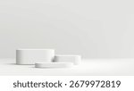 Elegant white podium with three round platforms ideal for modern product display, minimalist exhibition, creative studio setup, and professional presentation in clean interiors